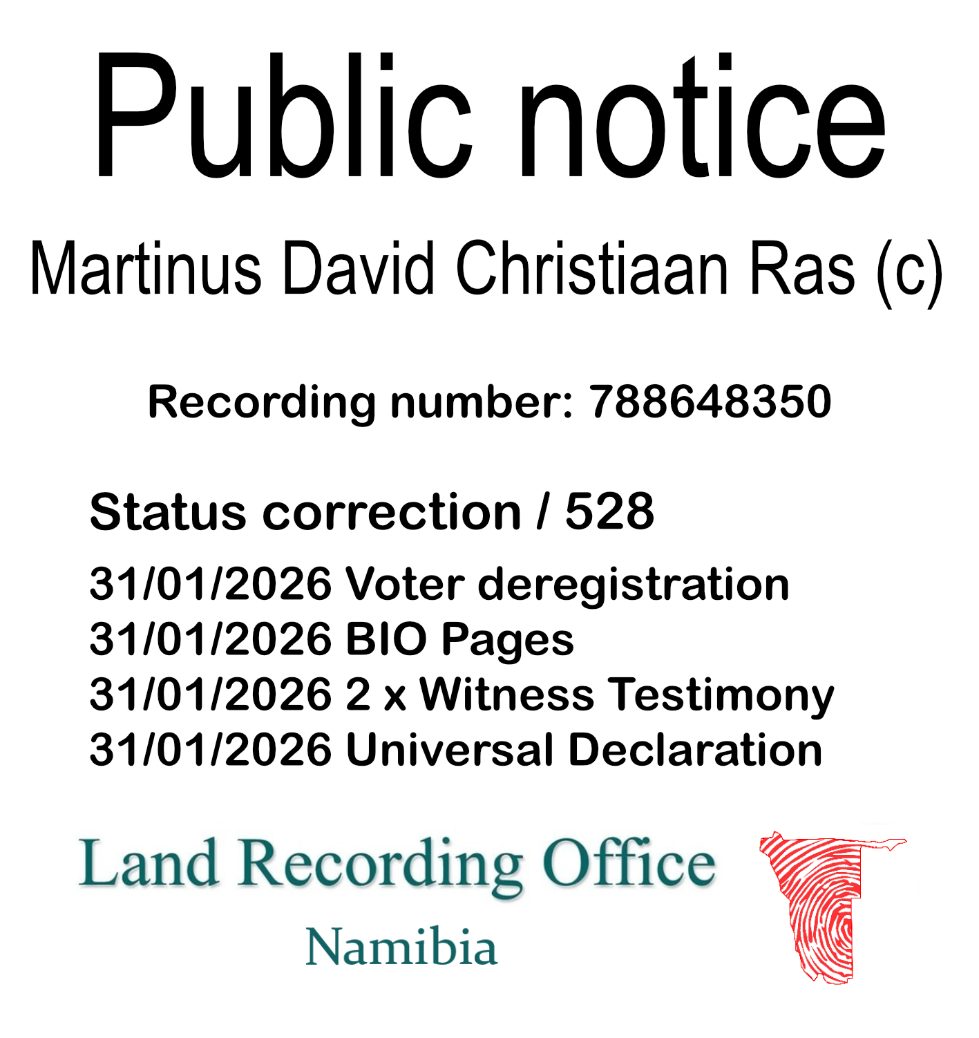 Public notice Martinus David Christiaan Ras Recording number 788648350